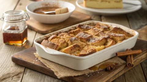 Realistic image of a freshly baked sourdough french toast casserole with a golden, crispy crust, garnished with a sprinkle of cinnamon and a drizzle of maple syrup on a rustic wooden table.
