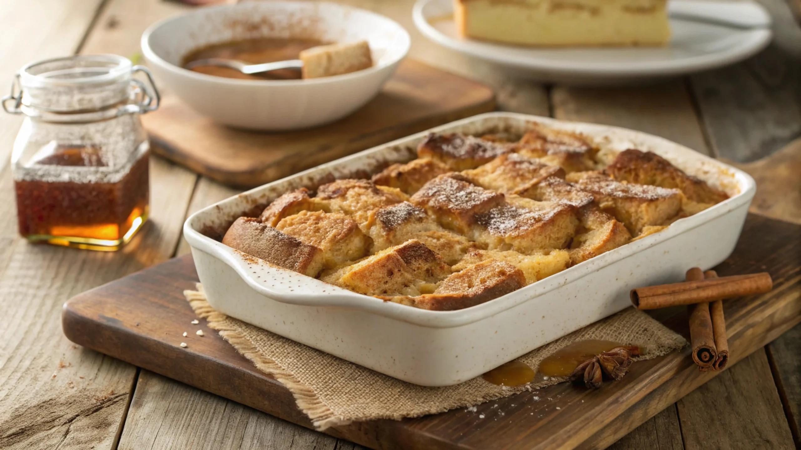 Realistic image of a freshly baked sourdough french toast casserole with a golden, crispy crust, garnished with a sprinkle of cinnamon and a drizzle of maple syrup on a rustic wooden table.