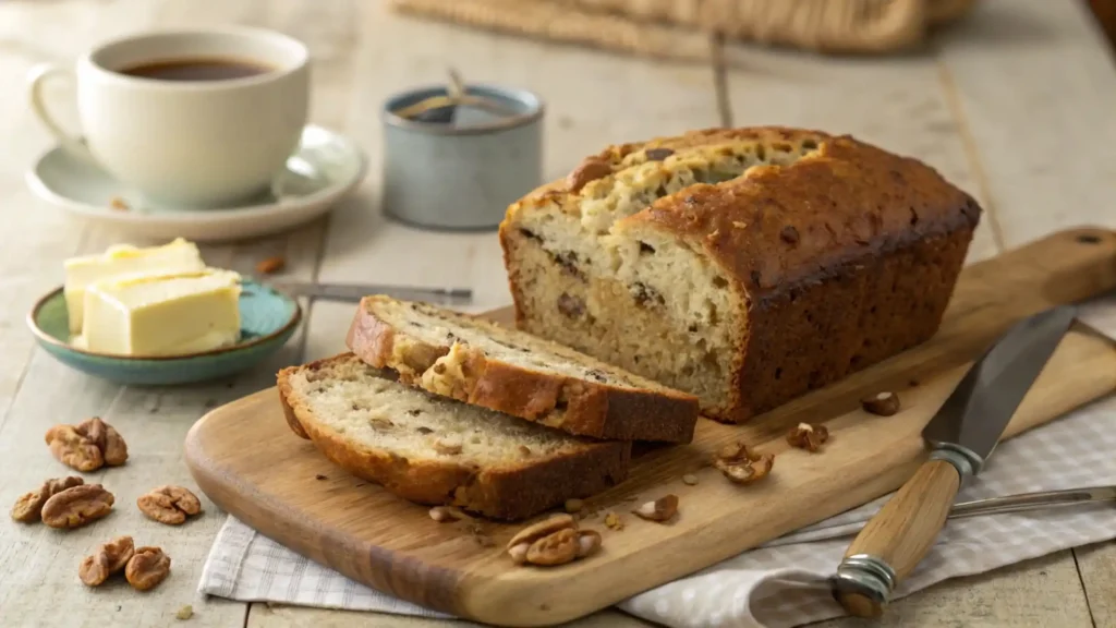 Freshly baked banana nut bread sliced on a wooden board, showing a moist interior with crunchy nuts, accompanied by a butter knife and a cup of coffee.