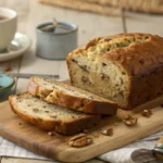 Freshly baked banana nut bread sliced on a wooden board, showing a moist interior with crunchy nuts, accompanied by a butter knife and a cup of coffee.