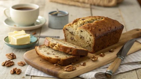 Freshly baked banana nut bread sliced on a wooden board, showing a moist interior with crunchy nuts, accompanied by a butter knife and a cup of coffee.