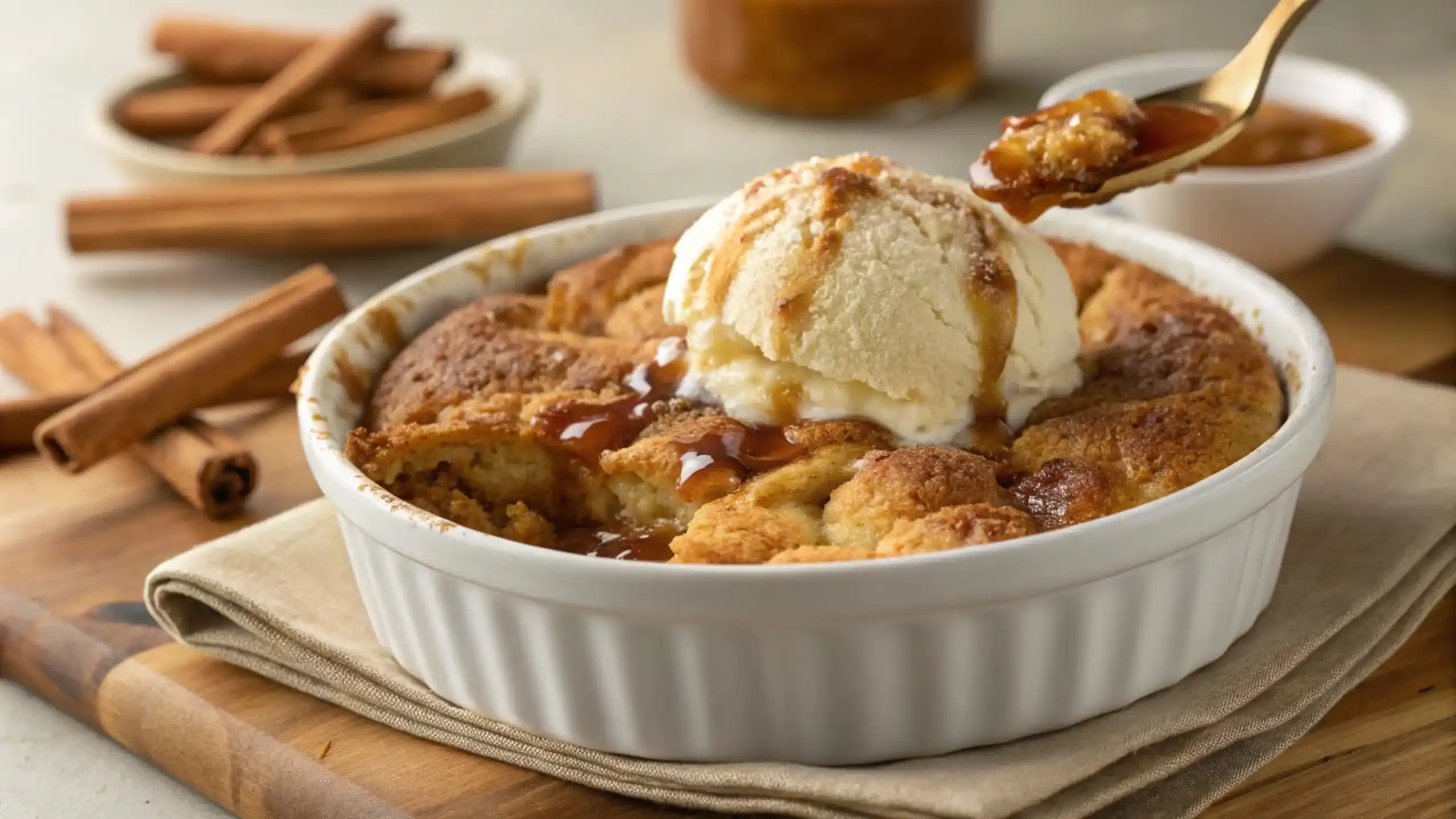 A freshly baked snickerdoodle cobbler with a golden brown cinnamon-sugar topping, served warm with a scoop of vanilla ice cream and caramel drizzle.