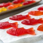 Homemade Swedish Fish candies without gelatin, glossy and chewy in texture, placed on white parchment paper.