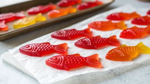 Homemade Swedish Fish candies without gelatin, glossy and chewy in texture, placed on white parchment paper.