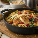 Realistic one-pot marry me chicken pasta with golden chicken, sun-dried tomatoes, spinach, garlic, and parmesan cheese in a rustic kitchen setting.