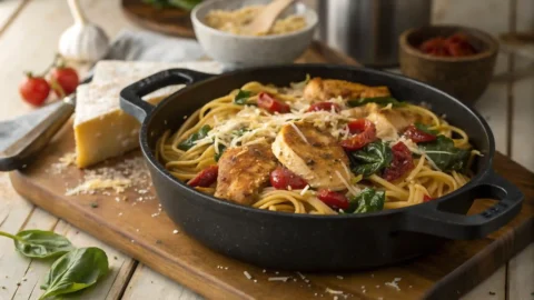 Realistic one-pot marry me chicken pasta with golden chicken, sun-dried tomatoes, spinach, garlic, and parmesan cheese in a rustic kitchen setting.