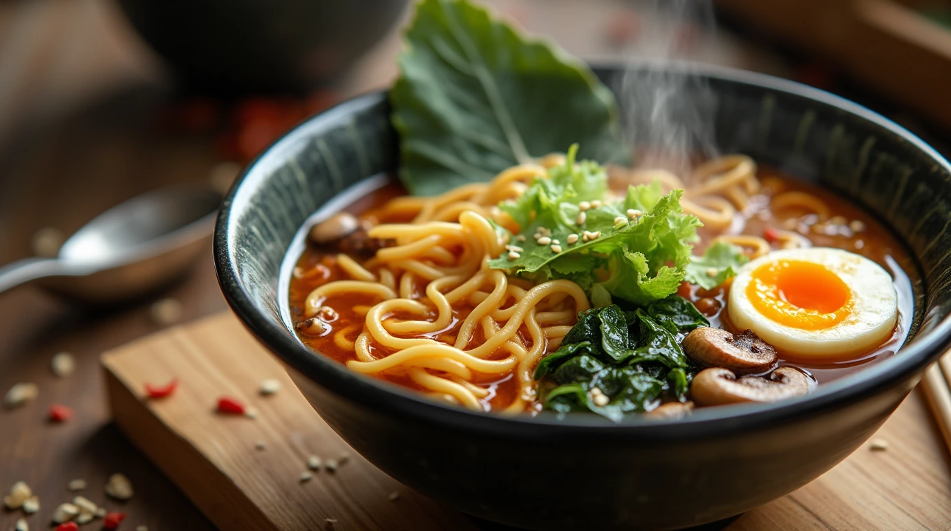 A vibrant ramen noodle bowl recipe with soft-boiled egg, mushrooms, spinach, sesame seeds, and chili oil in a rustic setting.