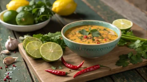 Realistic bowl of vibrant leche de tigre marinade with fresh citrus slices and herbs on a rustic table.