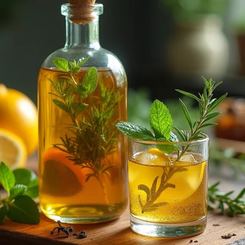 A glass bottle of homemade herbal cordial with fresh herbs and citrus, served in a small glass on a wooden countertop.