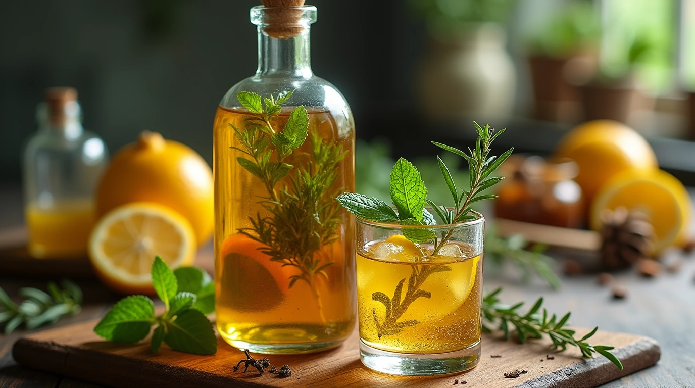 A glass bottle of homemade herbal cordial with fresh herbs and citrus, served in a small glass on a wooden countertop.