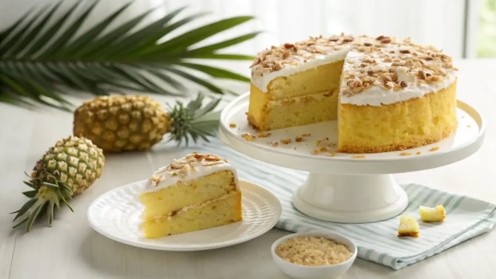 A golden Pineapple Heaven Cake on a white stand, topped with cream cheese frosting, toasted coconut, and chopped pecans, with a slice on a plate and pineapple leaves in the background.
