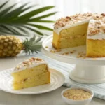 A golden Pineapple Heaven Cake on a white stand, topped with cream cheese frosting, toasted coconut, and chopped pecans, with a slice on a plate and pineapple leaves in the background.