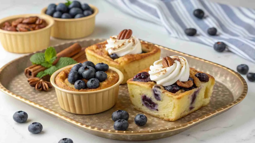 Plated slice of blueberry French toast casserole with syrup and berries.