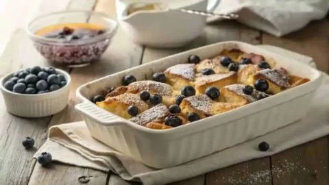 Blueberry French toast casserole baked in a white dish with golden top, fresh blueberries, powdered sugar, and maple syrup.