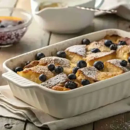 Blueberry French toast casserole baked in a white dish with golden top, fresh blueberries, powdered sugar, and maple syrup.