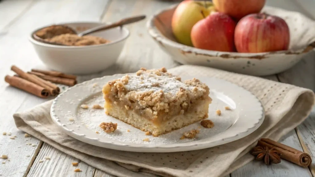 Hand reaching for a warm slice of apple crumble cake on a white plate.