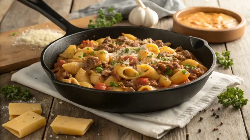 Skillet of creamy beef and shells pasta garnished with fresh parsley on a wooden table.