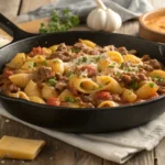 Skillet of creamy beef and shells pasta garnished with fresh parsley on a wooden table.
