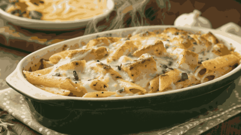 Garlic Parmesan Chicken Pasta Bake with golden cheese crust, tender chicken, and creamy sauce in a ceramic dish, garnished with parsley, served alongside garlic bread.