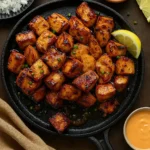 Crispy bang bang salmon bites drizzled with creamy bang bang sauce and sprinkled with sesame seeds.