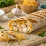 Gooey cheesy garlic chicken wrap sliced open on a wooden board, oozing melted cheese and seasoned chicken, garnished with parsley and garlic cloves.