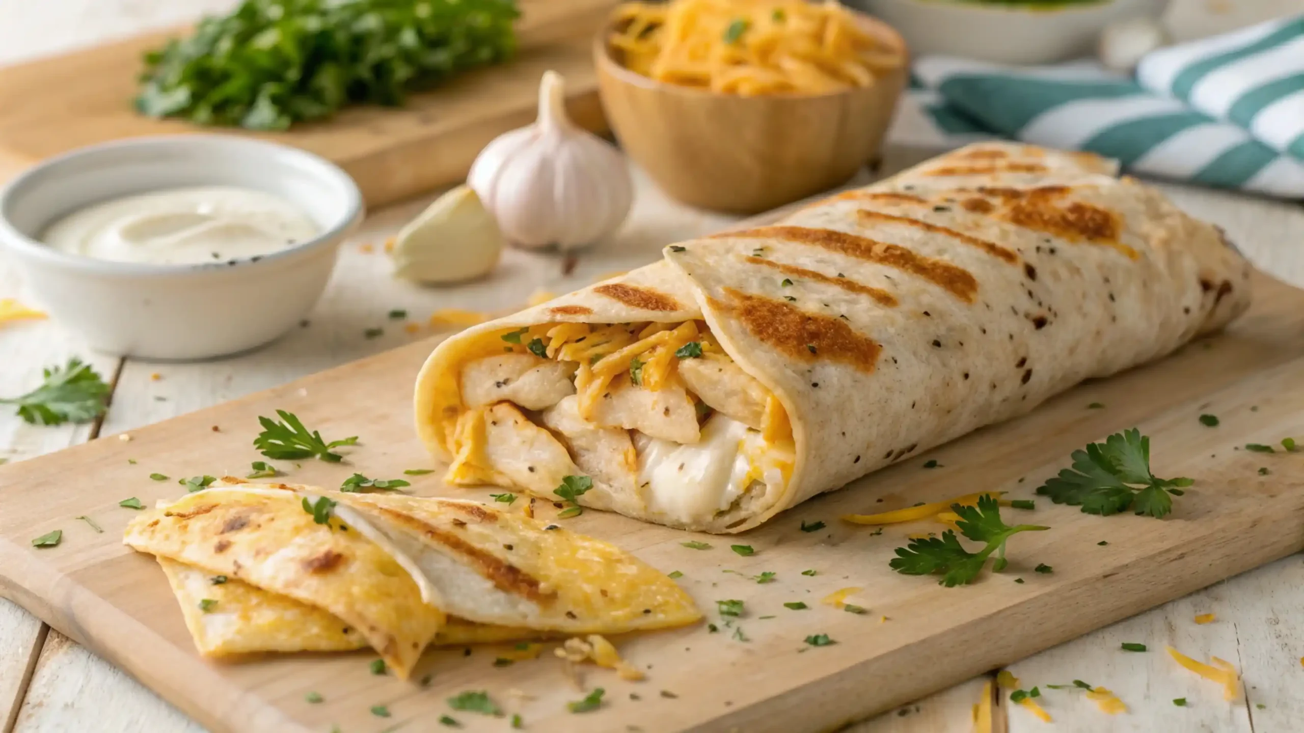 Gooey cheesy garlic chicken wrap sliced open on a wooden board, oozing melted cheese and seasoned chicken, garnished with parsley and garlic cloves.