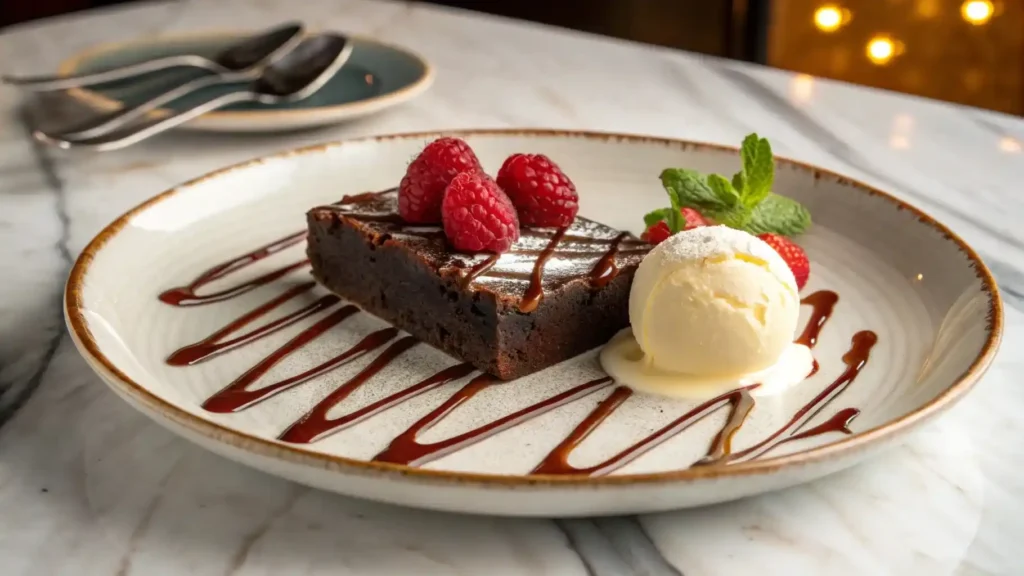Chocolate cake slice with raspberries, ganache, and melting ice‑cream.