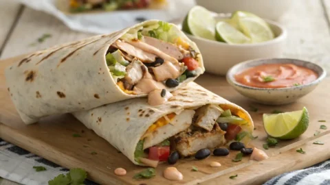 Close-up of a cut-in-half Easy Chipotle Ranch Grilled Chicken Burrito on a wooden board, showing grilled chicken, cheese, lettuce, tomato, black beans, and chipotle ranch sauce.