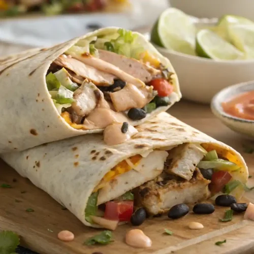 Close-up of a cut-in-half Easy Chipotle Ranch Grilled Chicken Burrito on a wooden board, showing grilled chicken, cheese, lettuce, tomato, black beans, and chipotle ranch sauce.