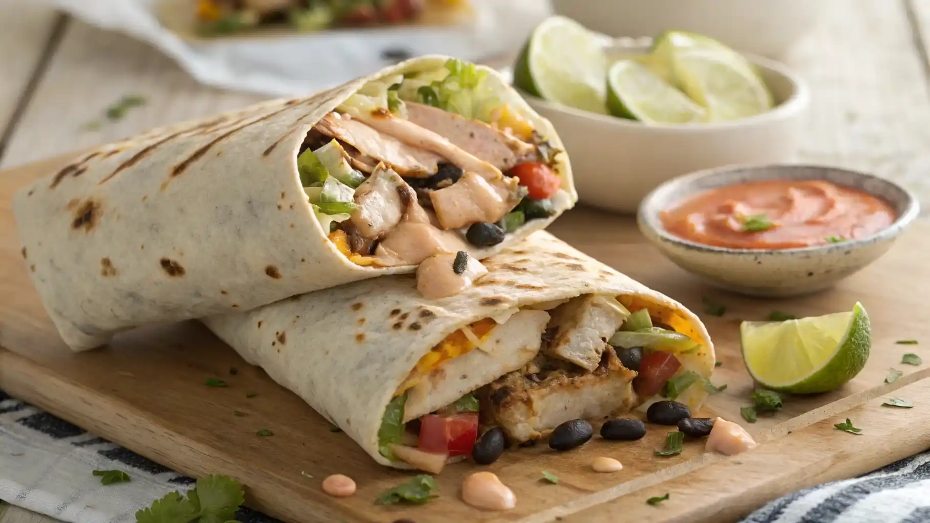 Close-up of a cut-in-half Easy Chipotle Ranch Grilled Chicken Burrito on a wooden board, showing grilled chicken, cheese, lettuce, tomato, black beans, and chipotle ranch sauce.