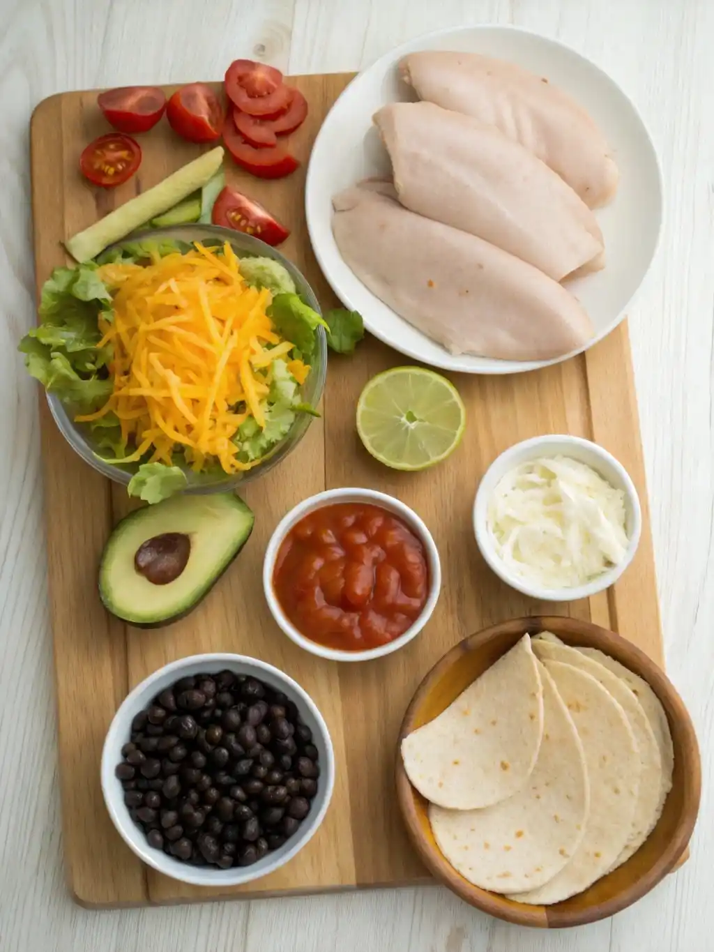Essential Burrito Ingredient Spread Ingredients for chipotle ranch grilled chicken burrito laid out on a wooden board.
