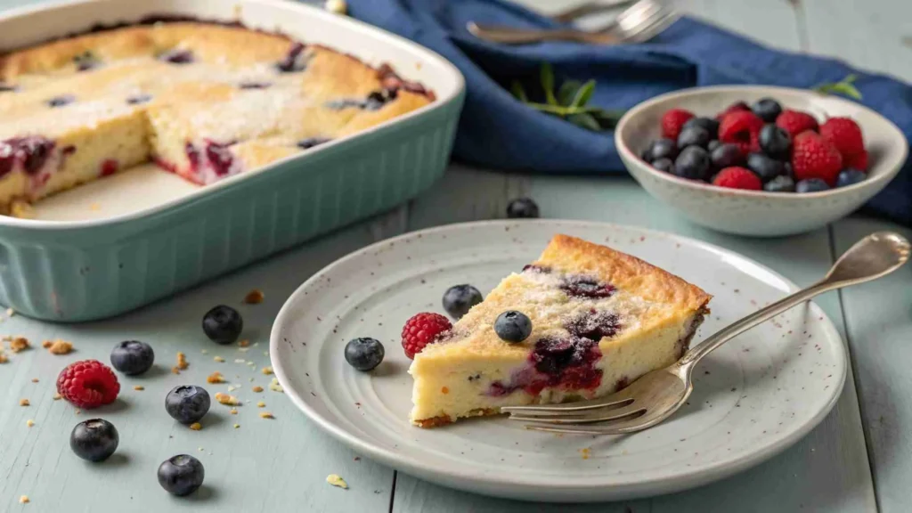Partially served blueberry French toast casserole showing inside texture.