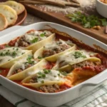 Ricotta Beef Stuffed Shells baked in marinara, topped with golden melted cheese and fresh herbs.