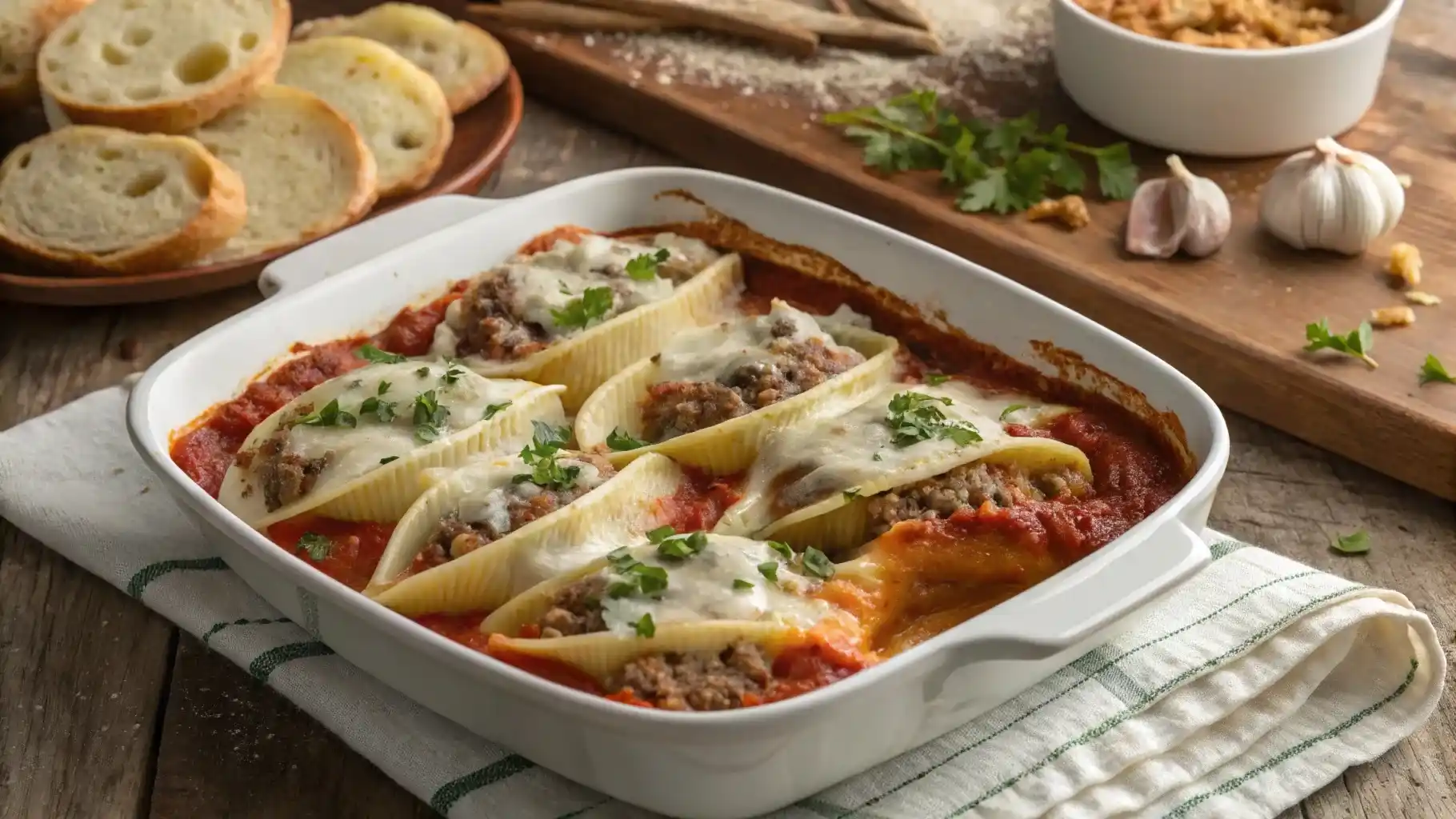 Ricotta Beef Stuffed Shells baked in marinara, topped with golden melted cheese and fresh herbs.
