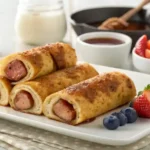 Golden brown sausage french toast roll-ups served with fresh berries and maple syrup on a white plate.