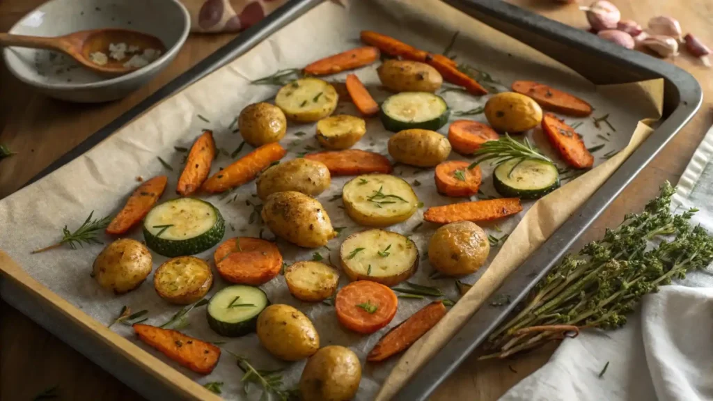 Garlic Herb Roasted Potatoes, Carrots, and Zucchini on a parchment‑lined baking sheet, crispy and herb‑speckled.