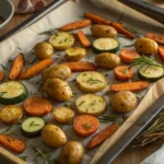 Garlic Herb Roasted Potatoes, Carrots, and Zucchini on a parchment‑lined baking sheet, crispy and herb‑speckled.