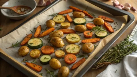 Garlic Herb Roasted Potatoes, Carrots, and Zucchini on a parchment‑lined baking sheet, crispy and herb‑speckled.