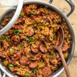 Friends sit around a wooden table, serving themselves Cajun sausage and rice from a skillet.