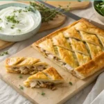 Healthy chicken and cheese jalousie recipe: Golden-brown flaky pastry with melted cheese and herbs on a rustic wooden board.