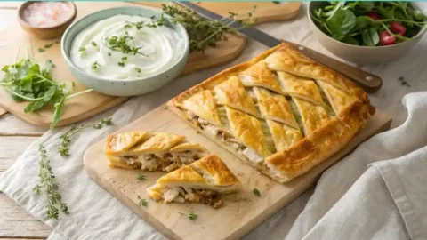 Healthy chicken and cheese jalousie recipe: Golden-brown flaky pastry with melted cheese and herbs on a rustic wooden board.