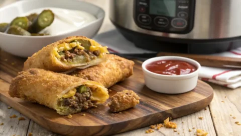 Plate of golden-brown air fryer cheeseburger egg rolls with dipping sauce