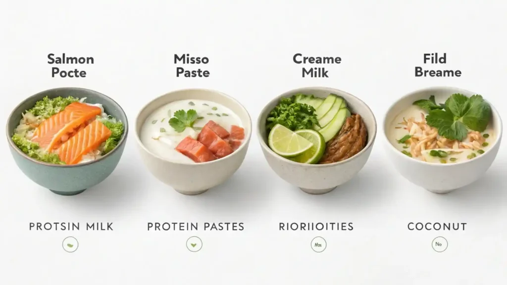 Ingredients showing the key benefits of coconut miso salmon curry