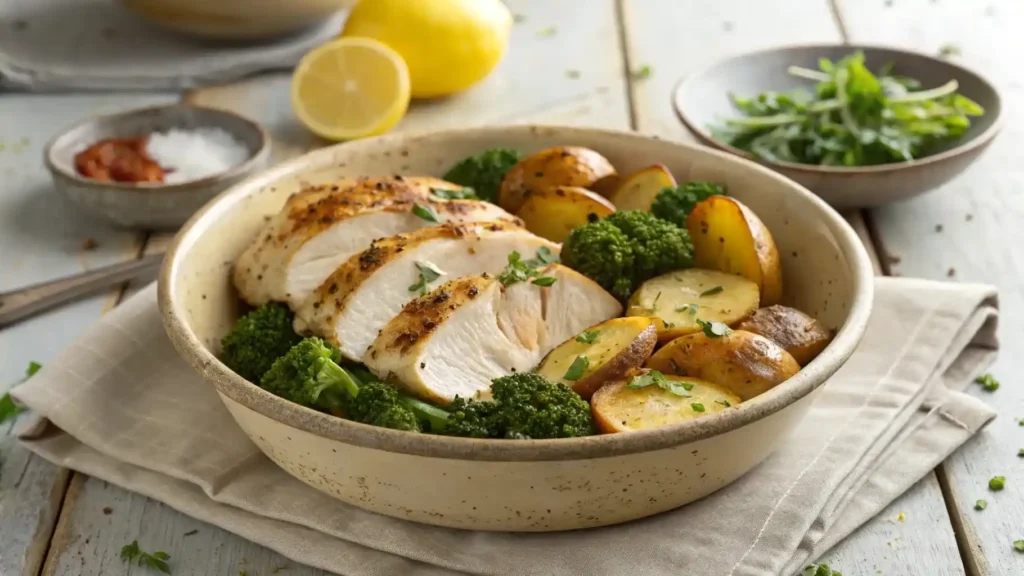 Skinny Chicken and Roasted Potato Bowl served in a rustic dish with lemon and herbs