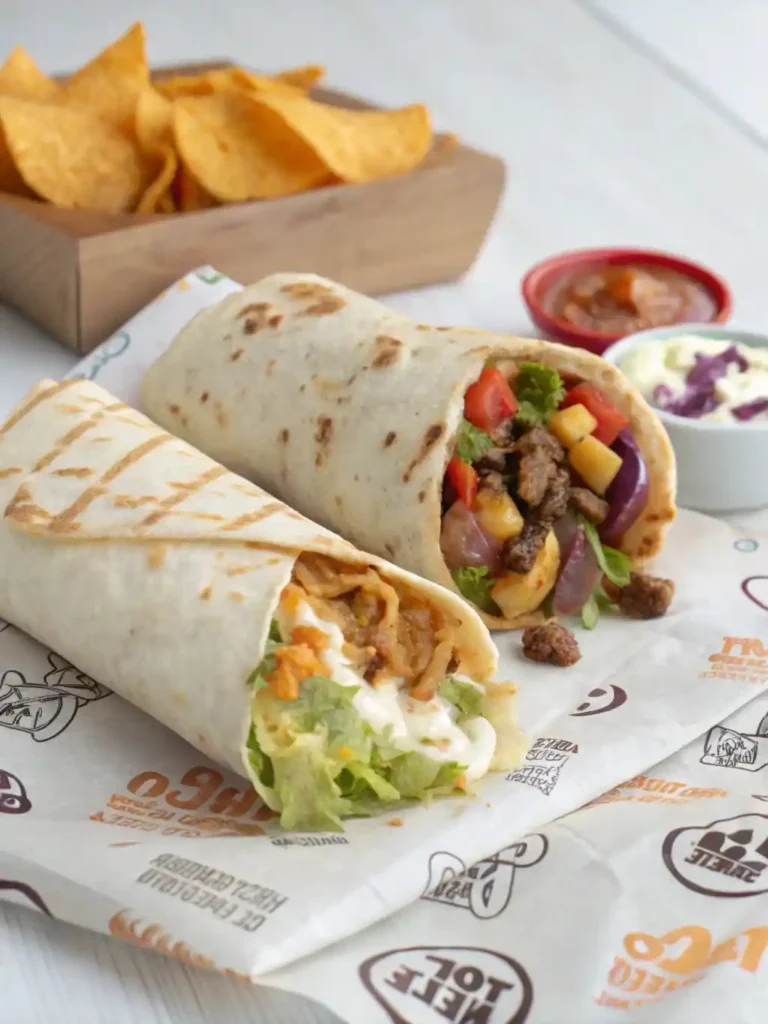 Homemade chipotle ranch burrito next to a Taco Bell copycat version on branded paper