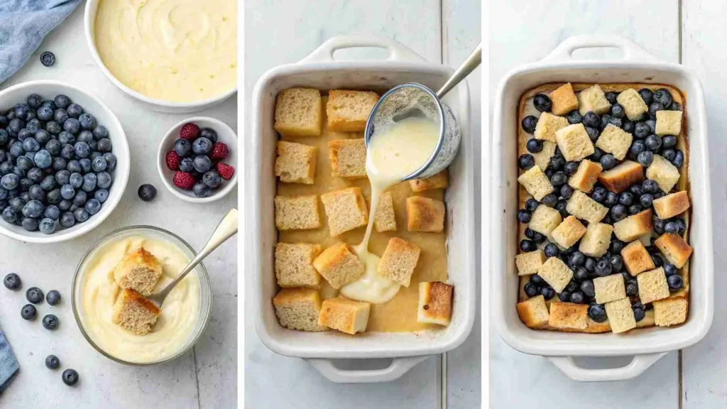 Preparation steps for blueberry French toast casserole with custard and berries.