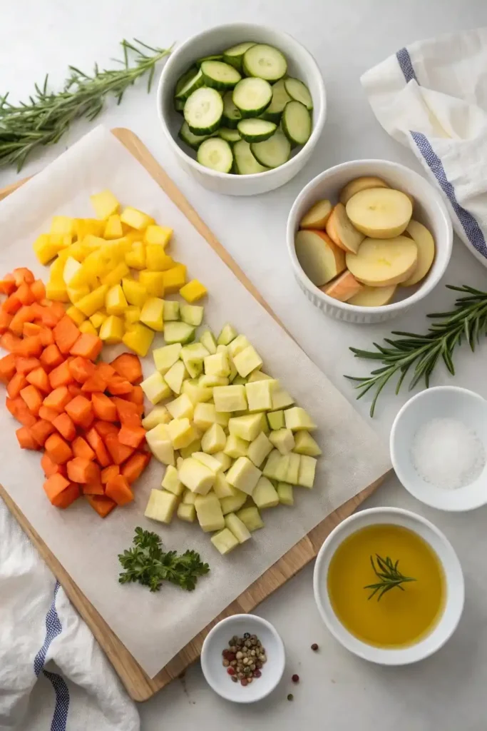  Flat‑lay of potatoes, carrots, zucchini, olive oil, garlic, rosemary, thyme, salt, and pepper.