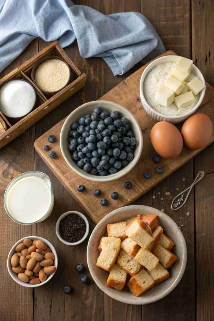 Ingredients for blueberry French toast casserole laid out on a wooden board.