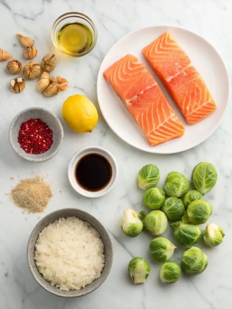 Flat lay of ingredients for teriyaki salmon bowls and roasted brussels sprouts