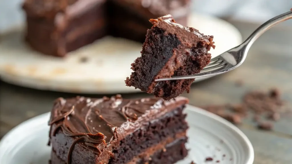 Fork lifting a fudgy bite of chocolate cake in a cozy kitchen.